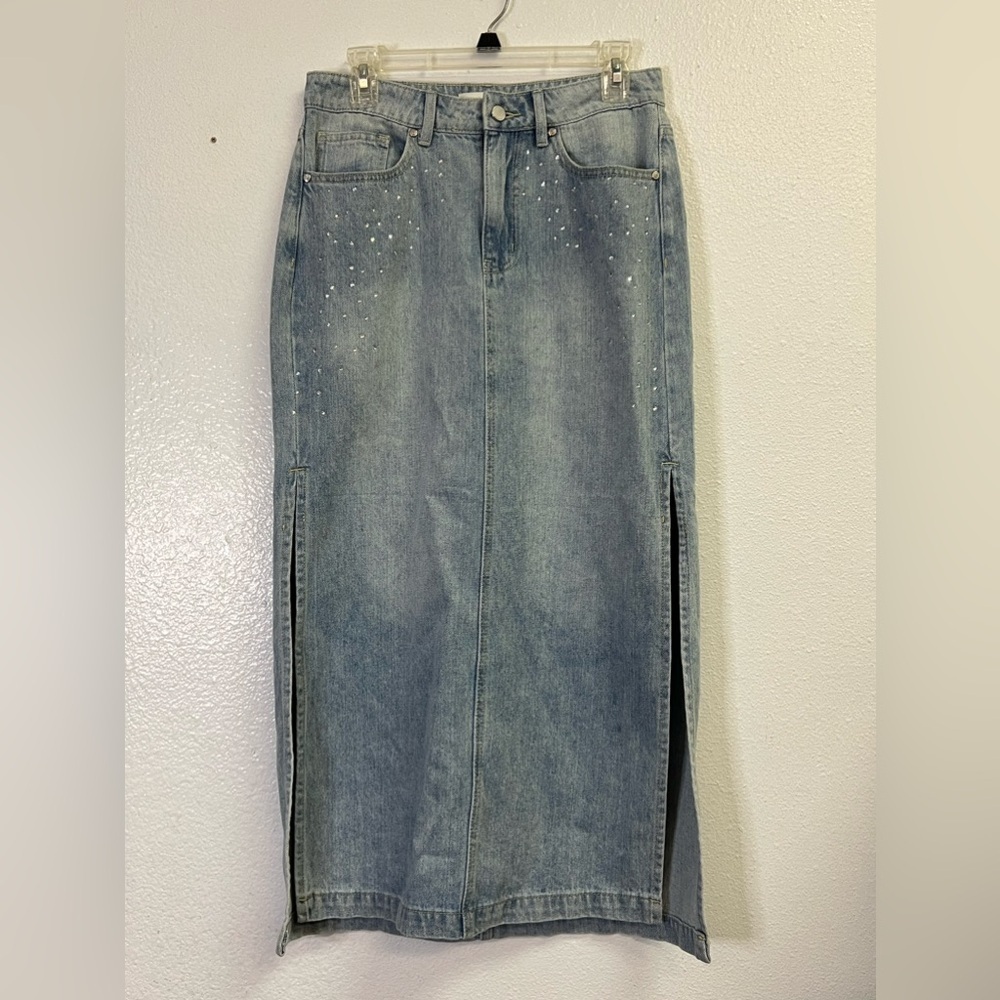 Rebecca Minkoff Long Denim Skirt with Crystal Embellishment